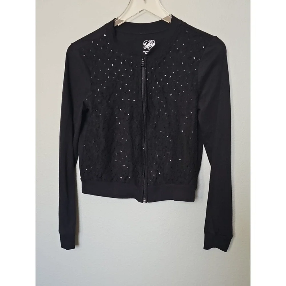 Justice Girls Black Lace Sequin Bomber Jacket Full Zip Size 18 Kids Sparkle Glam